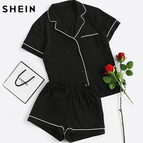 SHEIN Contrast Piping Pocket Front Pajama Set Black Short Sleeve Lapel Top With Elastic Waist Shorts Womens Two Piece Sets