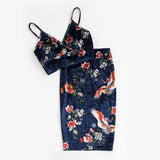 SHEIN Sexy Women Two Piece Set Elegant Navy Floral V Neck Sleeveless Velvet Bralette Top and Pencil Skirt Co-Ord