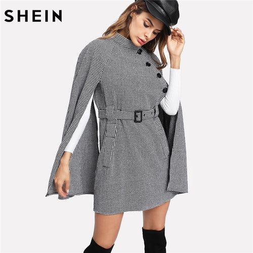 SHEIN Vintage Long Coat Women Black and White Fall Coat Cloak Sleeve Stand Collar Self Belted Houndstooth Cape Coat