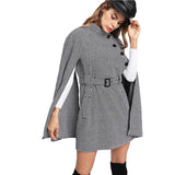 SHEIN Vintage Long Coat Women Black and White Fall Coat Cloak Sleeve Stand Collar Self Belted Houndstooth Cape Coat