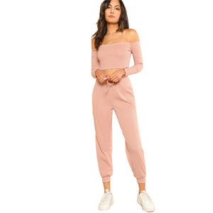 SHEIN Women 2 Piece Set Top and Pants Casual Woman Set Pink Off the Shoulder Crop Bardot Top and Drawstring Pants Set