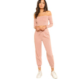 SHEIN Women 2 Piece Set Top and Pants Casual Woman Set Pink Off the Shoulder Crop Bardot Top and Drawstring Pants Set