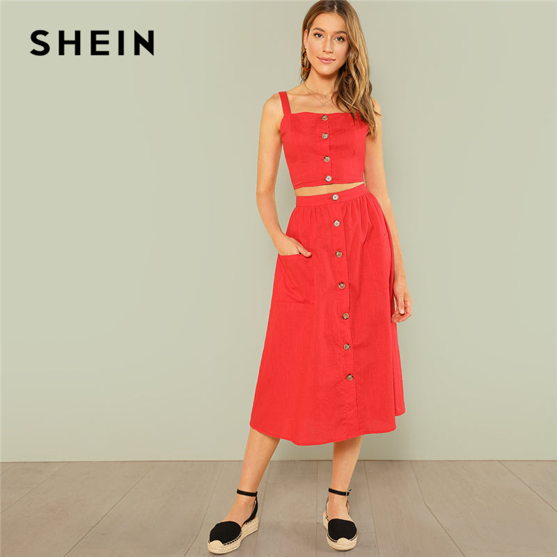 SHEIN Red Elegant Button Up Crop Straps Cami Top And Flare Skirt Set Summer Women Women Casual Twopiece