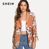 SHEIN Khaki Drawstring Sleeve Floral Print Coat Office Ladies Long Sleeve Waterfall Outerwear Women Autumn Workwear Clothes