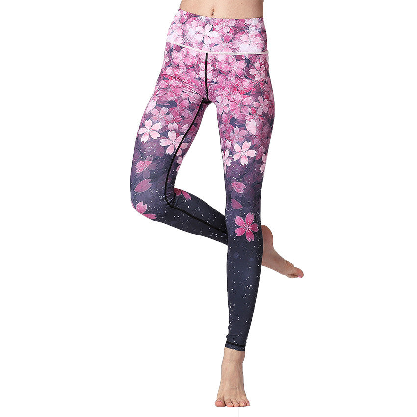 2018 Sexy Cherry Blossoms Print Elastic Waist Sports Yoga Pant Quick Dry Polyester Running Dance Exercise Tight Workout Leggings