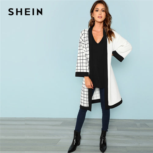 SHEIN Multicolor Highstreet Office Lady Cut And Sew Grid Print Long Sleeve Minimalist Coat 2018 Autumn Women Outerwear Clothes