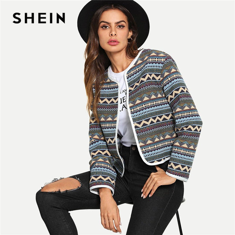 SHEIN Multicolor Contrast Binding Geometric Jacquard Blazer Tribal Long Sleeve Workwear Blazers Women Autumn OL Work Coats