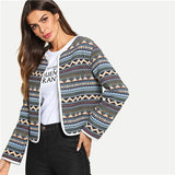 SHEIN Multicolor Contrast Binding Geometric Jacquard Blazer Tribal Long Sleeve Workwear Blazers Women Autumn OL Work Coats