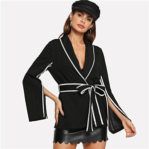 SHEIN Office Lady Elegant Slit Sleeve White Striped Notched Belted Workwear Blazer 2018 Autumn Women Highstreet Coat Outerwear