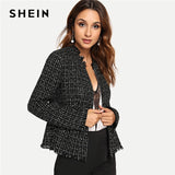 SHEIN Black Highstreet Elegant Zip Up Frayed Edge Peplum Tweed Plaid Fashion Blazer 2018 Autumn Workwear Women Coat Outerwear