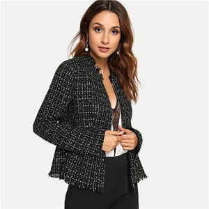 SHEIN Black Highstreet Elegant Zip Up Frayed Edge Peplum Tweed Plaid Fashion Blazer 2018 Autumn Workwear Women Coat Outerwear