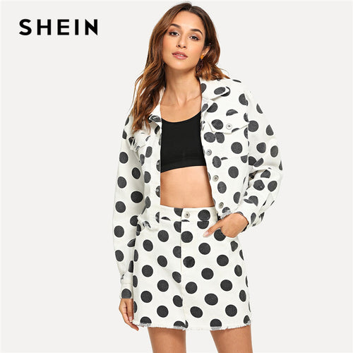 SHEIN Black And White Office Lady Elegant Flap Pocket Front Polka Dot Top And Skirt Set 2018 Autumn Highstreet Women Two Pieces