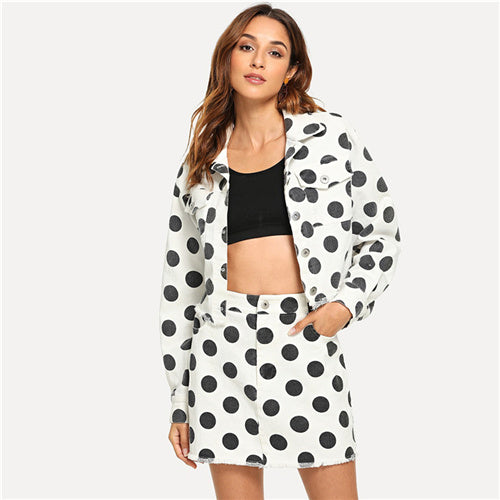 SHEIN Black And White Office Lady Elegant Flap Pocket Front Polka Dot Top And Skirt Set 2018 Autumn Highstreet Women Two Pieces