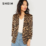 SHEIN Multicolor Shawl Collar Gathered Sleeve Leopard Blazer Elegant Casual 3/4 Sleeve Outerwear Women Highstreet Autumn Coat