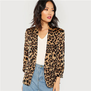 SHEIN Multicolor Shawl Collar Gathered Sleeve Leopard Blazer Elegant Casual 3/4 Sleeve Outerwear Women Highstreet Autumn Coat