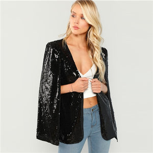 SHEIN Black Open Front Sequin Coat Rock Elegant Long Sleeve Blazer Modern Lady Fashion Women Autumn Workwear Outerwear