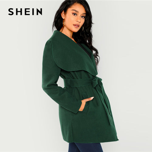 SHEIN Green Waterfall Collar Self Belted Coat Elegant Long Sleeve Pocket Long Trench Coats Women Winter Highstreet Outerwear