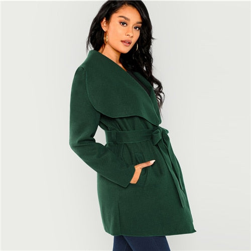 SHEIN Green Waterfall Collar Self Belted Coat Elegant Long Sleeve Pocket Long Trench Coats Women Winter Highstreet Outerwear