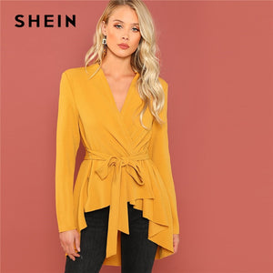 SHEIN Ginger Office Lady Elegant Asymmetrical Hem V neck Belted Solid Coat 2018 Autumn Workwear Fashion Women Coats Outerwear